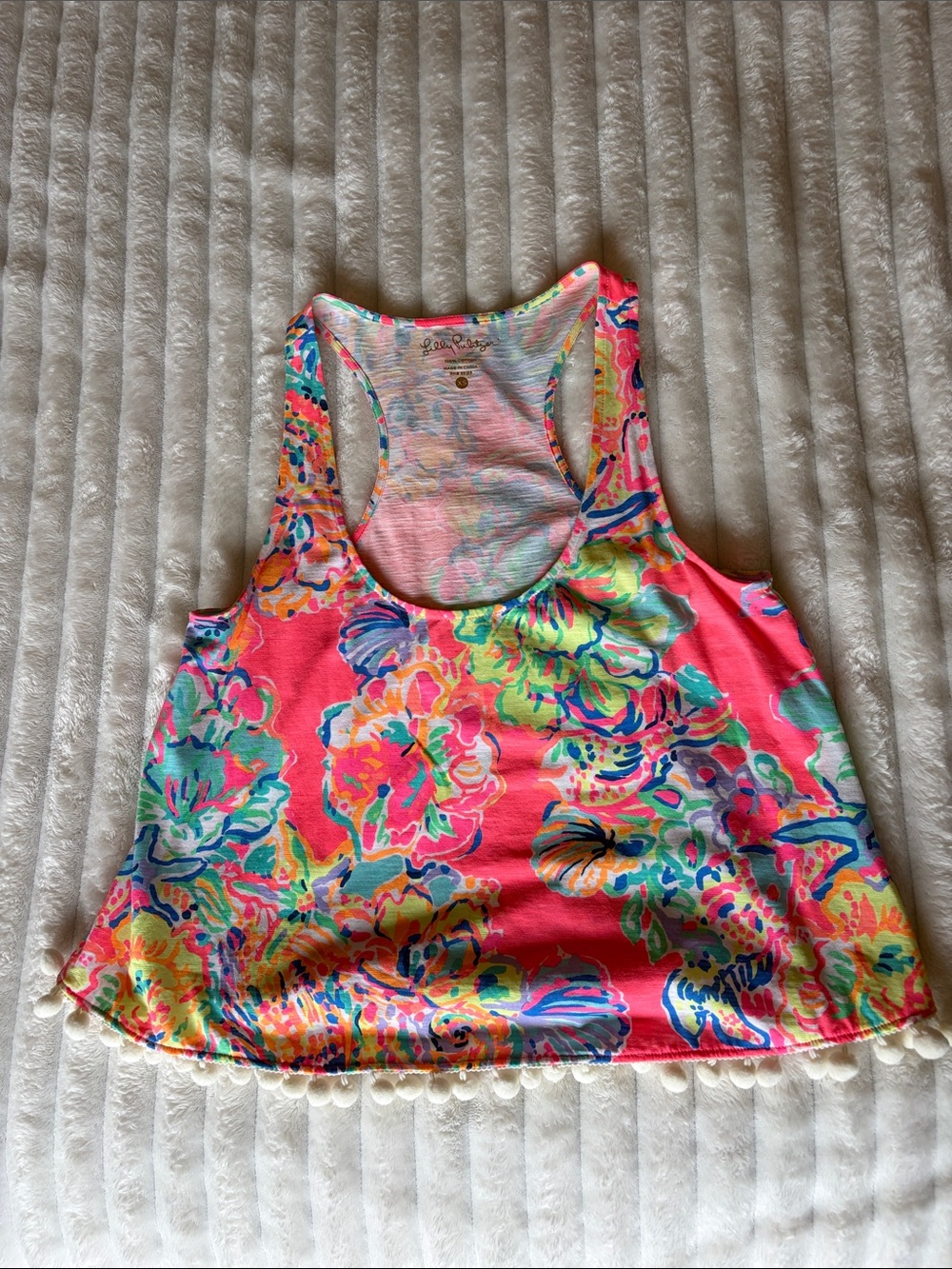 Lilly Pulitzer Vibrant Floral Racerback Tank with Pom Trim